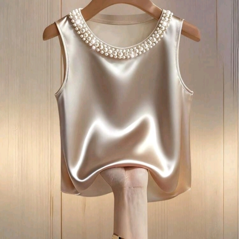 Elegant Pearl-Embellished Cream Satin Top